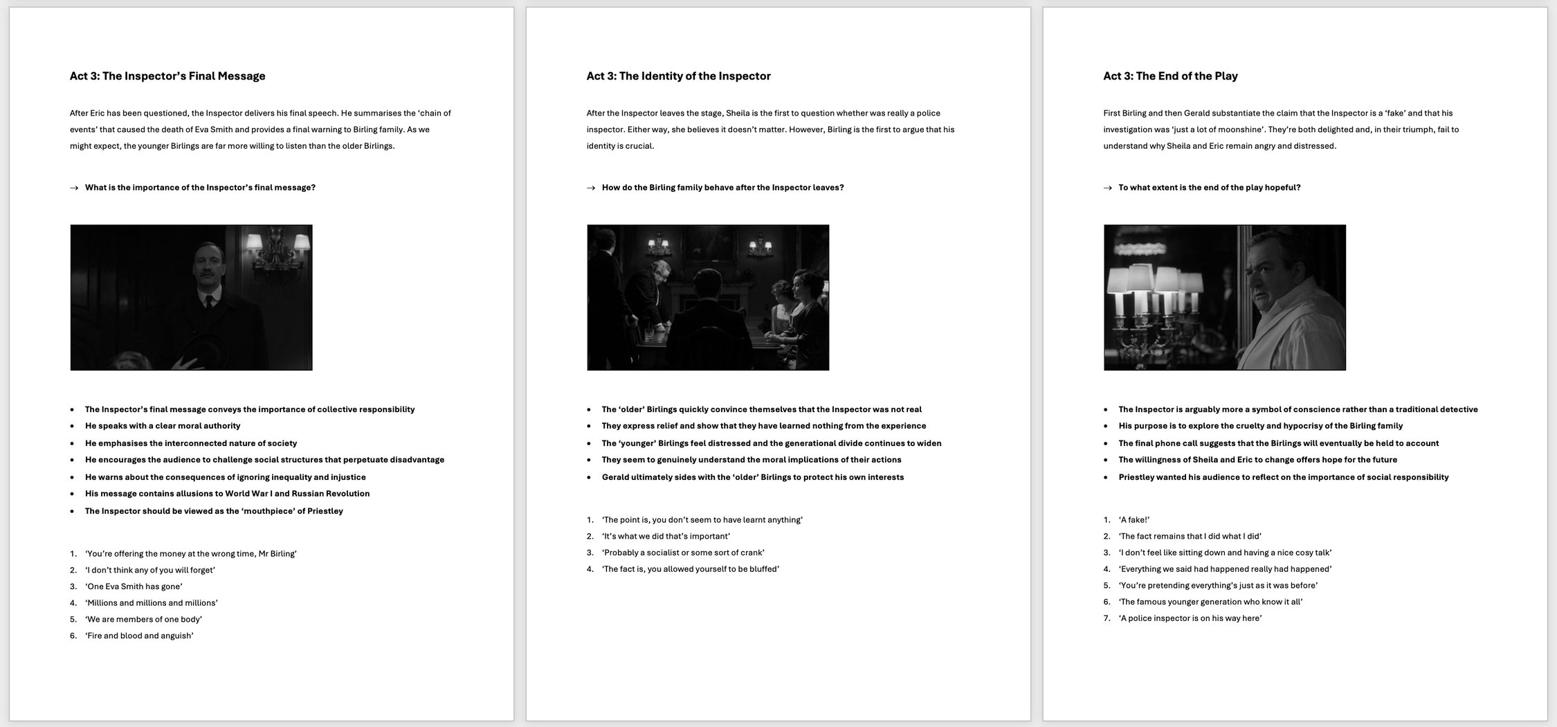 Overview Notes for Key Scenes in An Inspector Calls | KS4 Teaching Resource